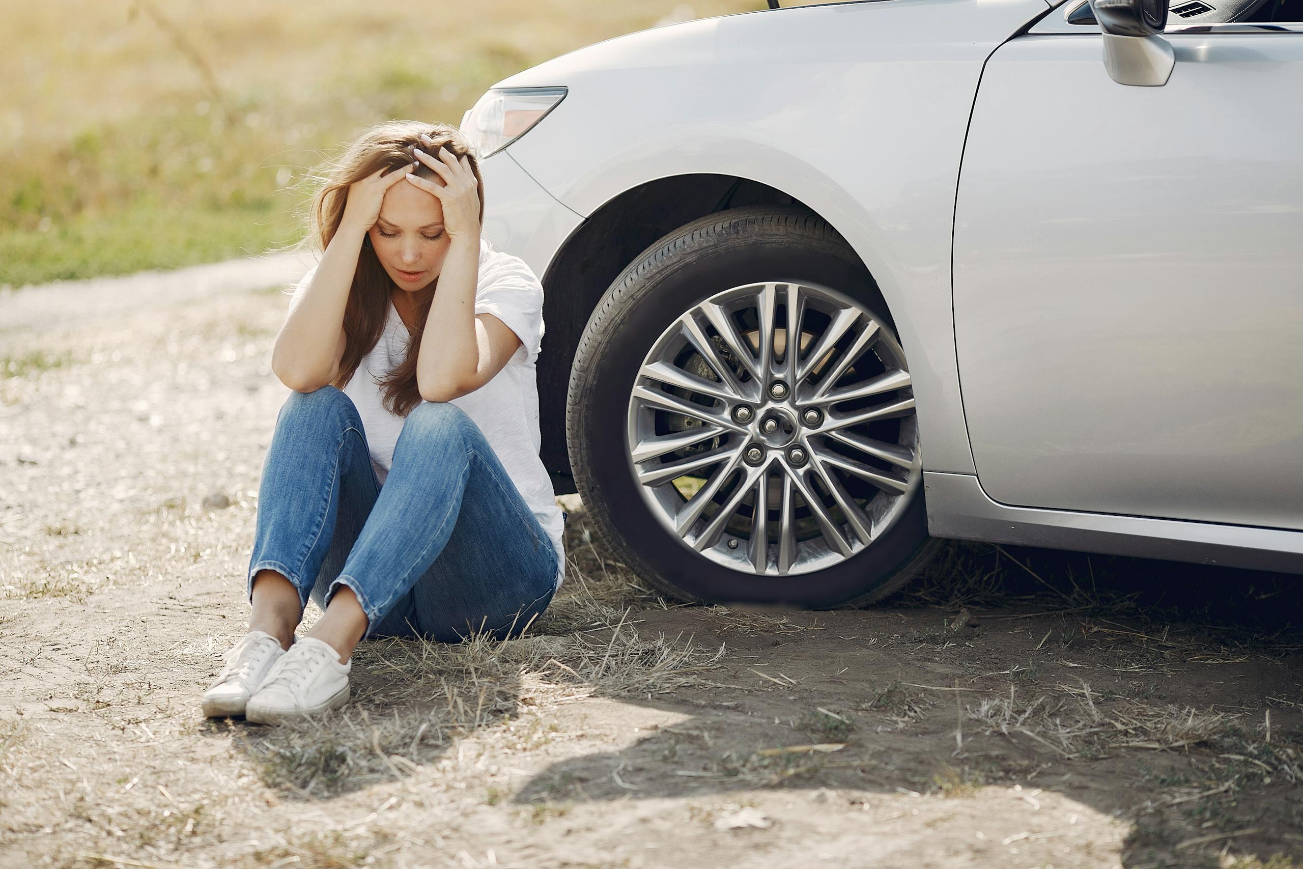 Frustrated female driver in white t shirt and jeans sitting on ground near damaged car with hands on head during car travel in sunny summer day